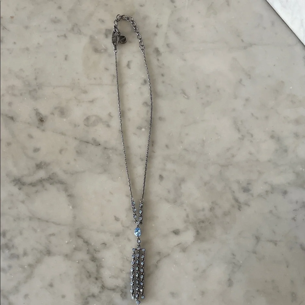 GIVENCHY Silver Gunmetal Necklace Y Drop Blue Crystals Vintage - Picture 9 of 17